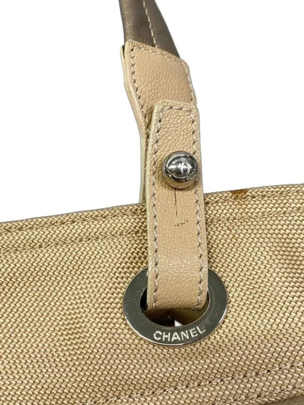 CHANEL Paris Biarritz Tote PM A34208 Gold Coated Canvas Nylon Leather Tote Bag